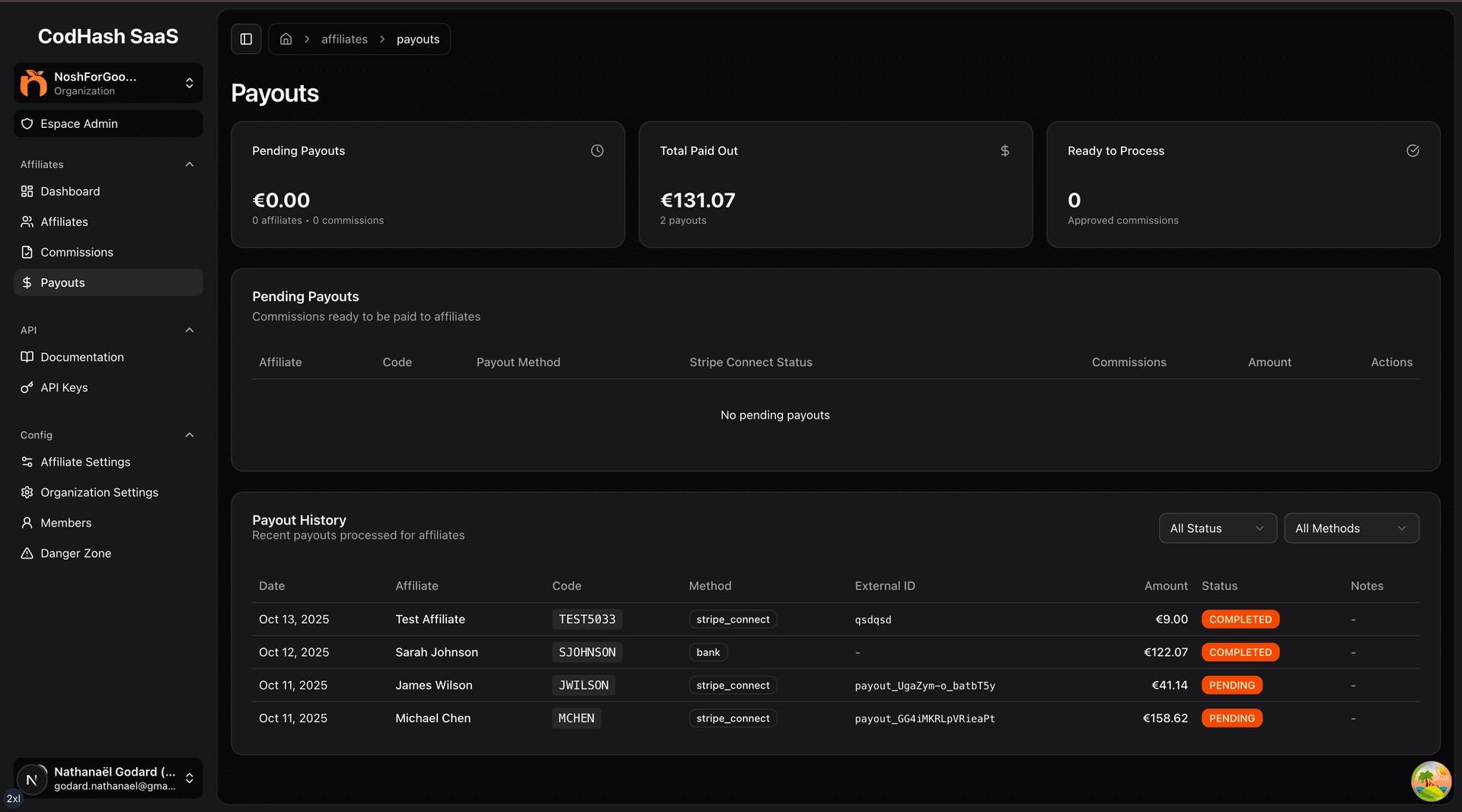 Payouts management interface